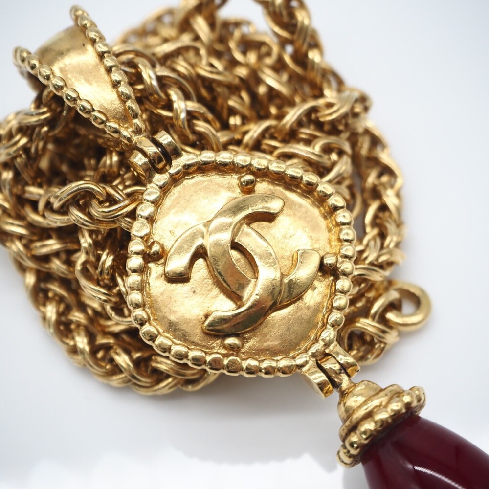 CHANEL Coco Mark Long Necklace, Resin, Gold, Red, GP, Women's - Picture 10 of 10